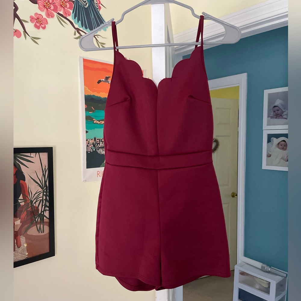 Maroon Charlotte Russe body-con scalloped romper
